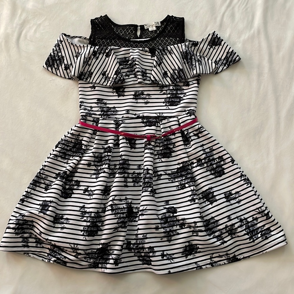 Knitworks brand size 16 girls black and white striped and floral lined dress.